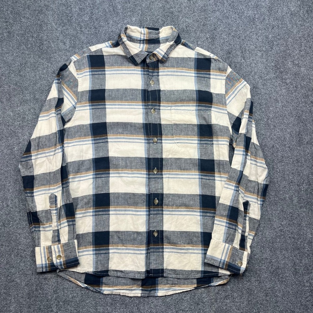 Pendleton Mens Plaid Button Down Shirt Blue Cream Linen Blend Size M Long Sleeve